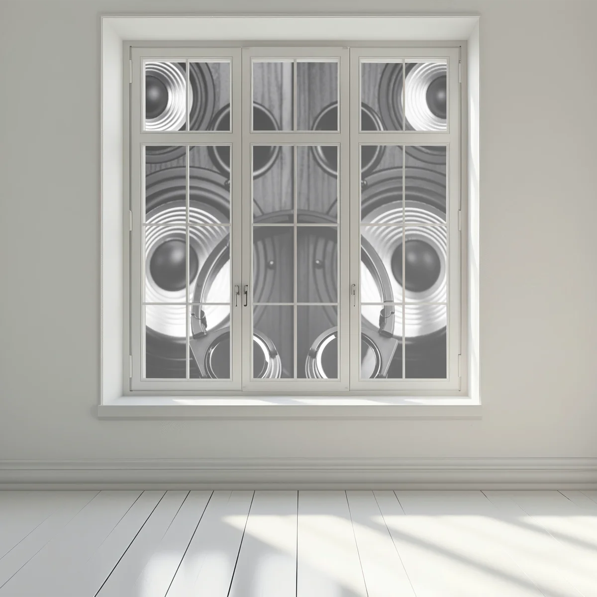 Fensteraufkleber monochromes audio-ensemble mit kopfhörern und lautsprechern Fensteraufkleber monochromes audio-ensemble mit kopfhörern und lautsprechern
