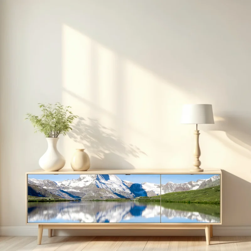 Repositionierbarer Aufkleber majestätische bergspiegelung über alpensee