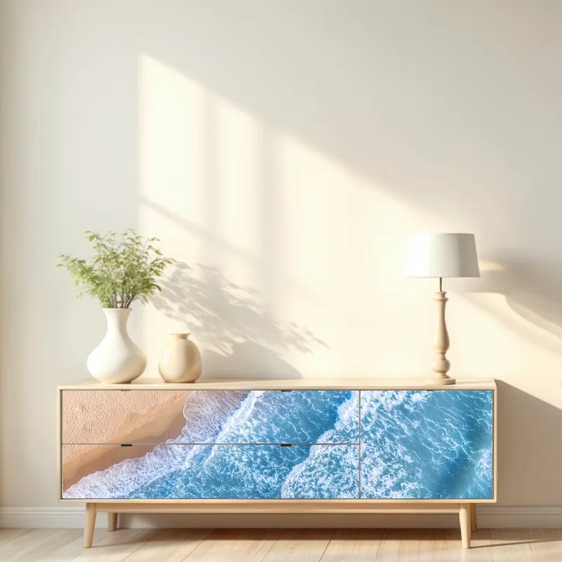 Repositionierbarer Aufkleber luftaufnahme türkiser wellen an sandigem strand