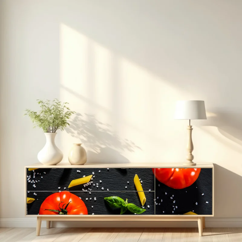 Repositionierbarer Aufkleber tomaten und penne auf schwarzem schiefer Repositionierbarer Aufkleber tomaten und penne auf schwarzem schiefer