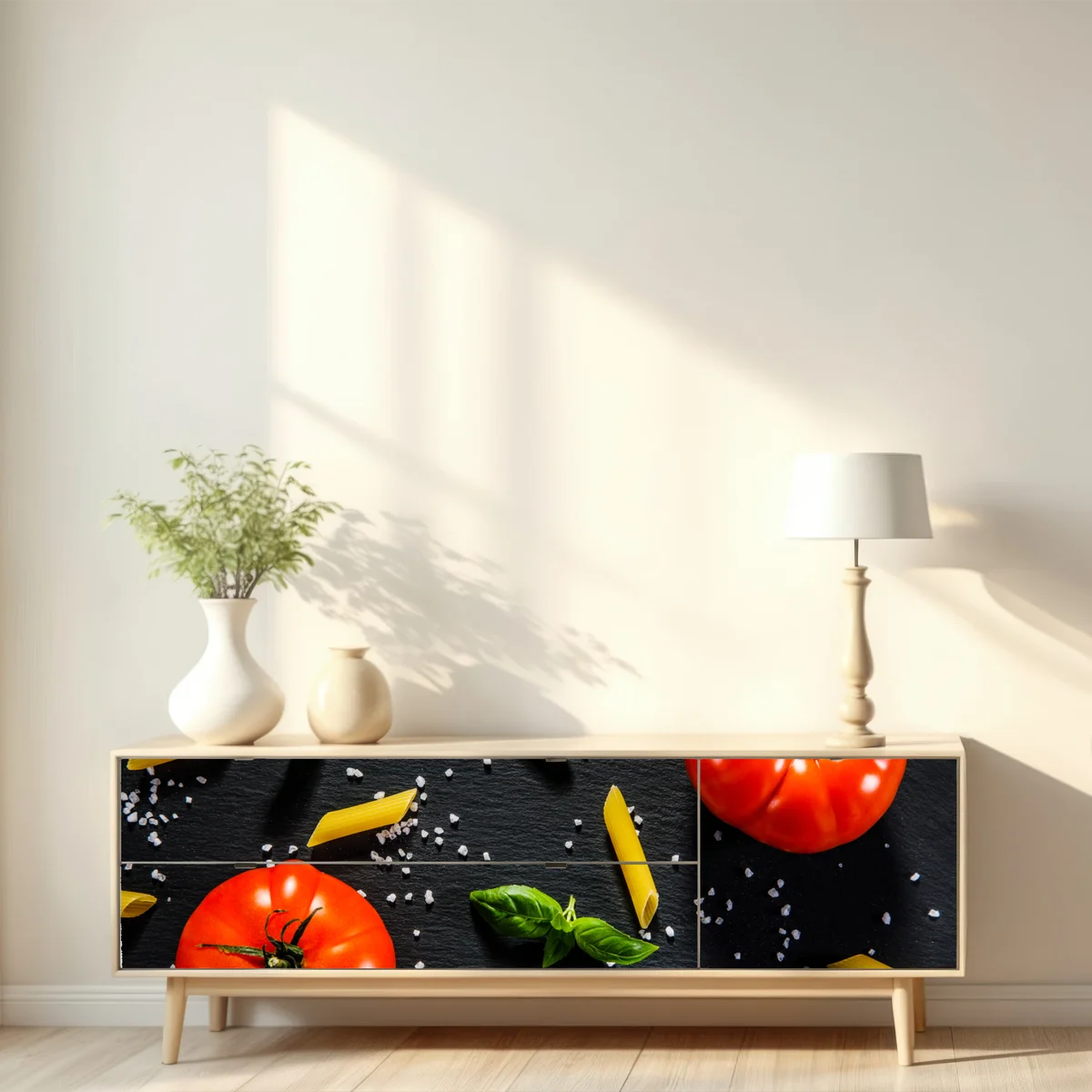 Repositionierbarer Aufkleber tomaten und penne auf schwarzem schiefer Repositionierbarer Aufkleber tomaten und penne auf schwarzem schiefer