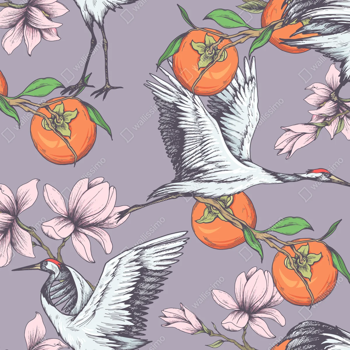 Fototapete anmutige kraniche und kakis mit magnolien Fototapete anmutige kraniche und kakis mit magnolien