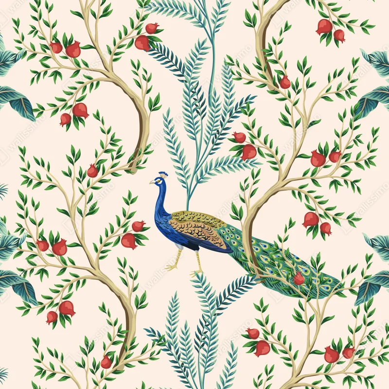 Leinwandbild pfau zwischen granatästen Leinwandbild pfau zwischen granatästen