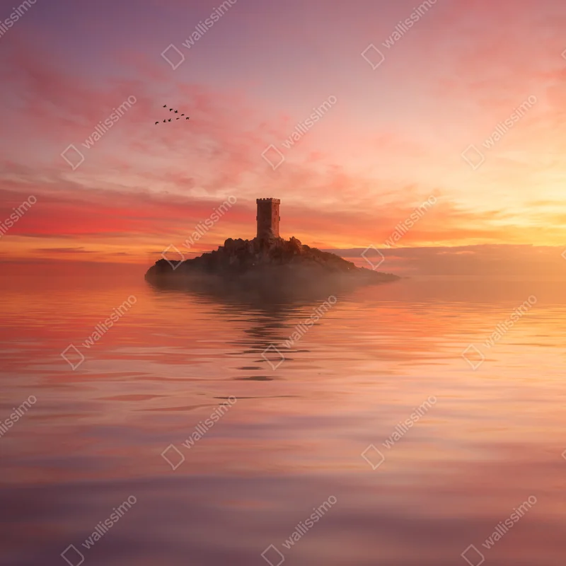 Poster einsamer turm auf einer pastellfarbenen insel bei sonnenuntergang • Poster bei Wallnifity® Poster einsamer turm auf einer pastellfarbenen insel bei sonnenuntergang • Poster bei Wallnifity®