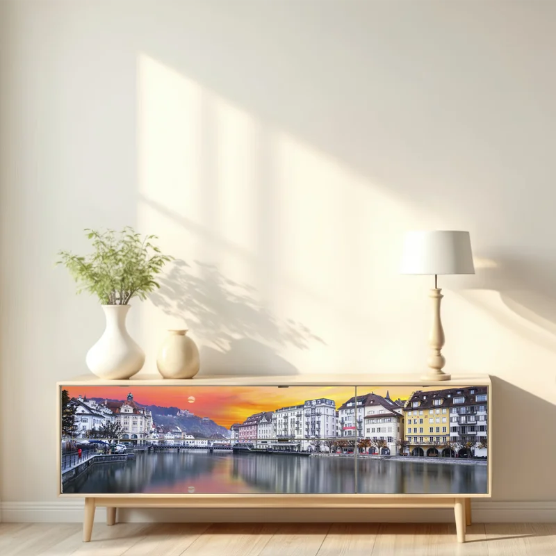 Repositionierbarer Aufkleber Luzern am fluss bei dämmerung