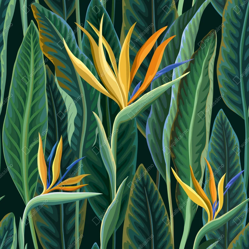 Repositionierbarer Aufkleber tropische illustration mit strelitzie und üppigen blättern Repositionierbarer Aufkleber tropische illustration mit strelitzie und üppigen blättern