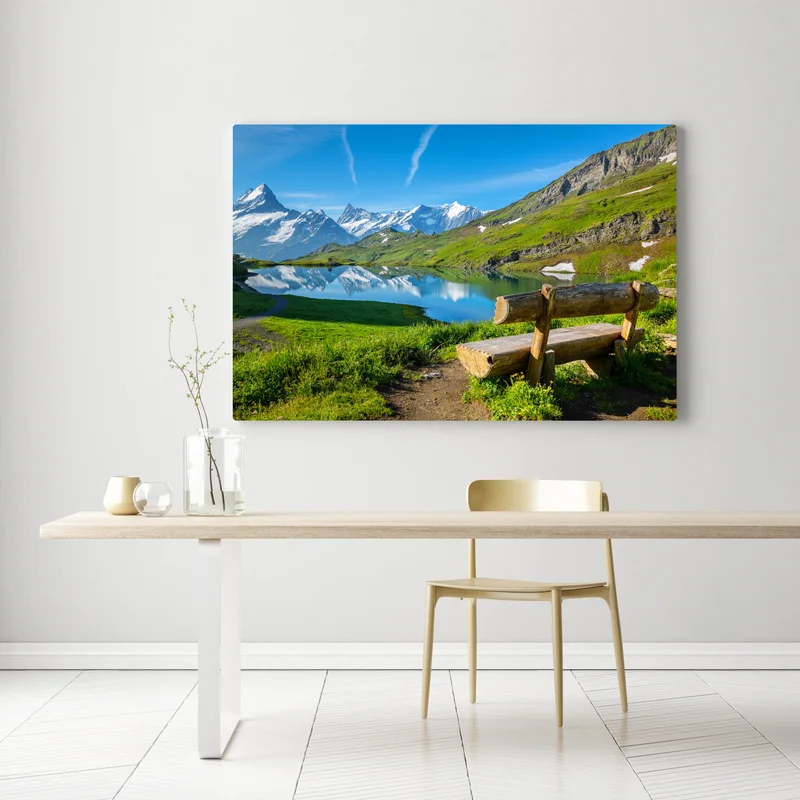 Leinwandbild alpensee mit hölzerner bank Leinwandbild alpensee mit hölzerner bank