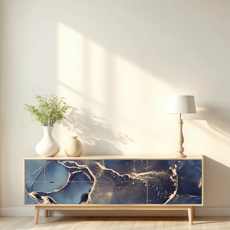 Repositionierbarer Aufkleber traumhafte abstrakte fließmalerei in blau und gold Repositionierbarer Aufkleber traumhafte abstrakte fließmalerei in blau und gold