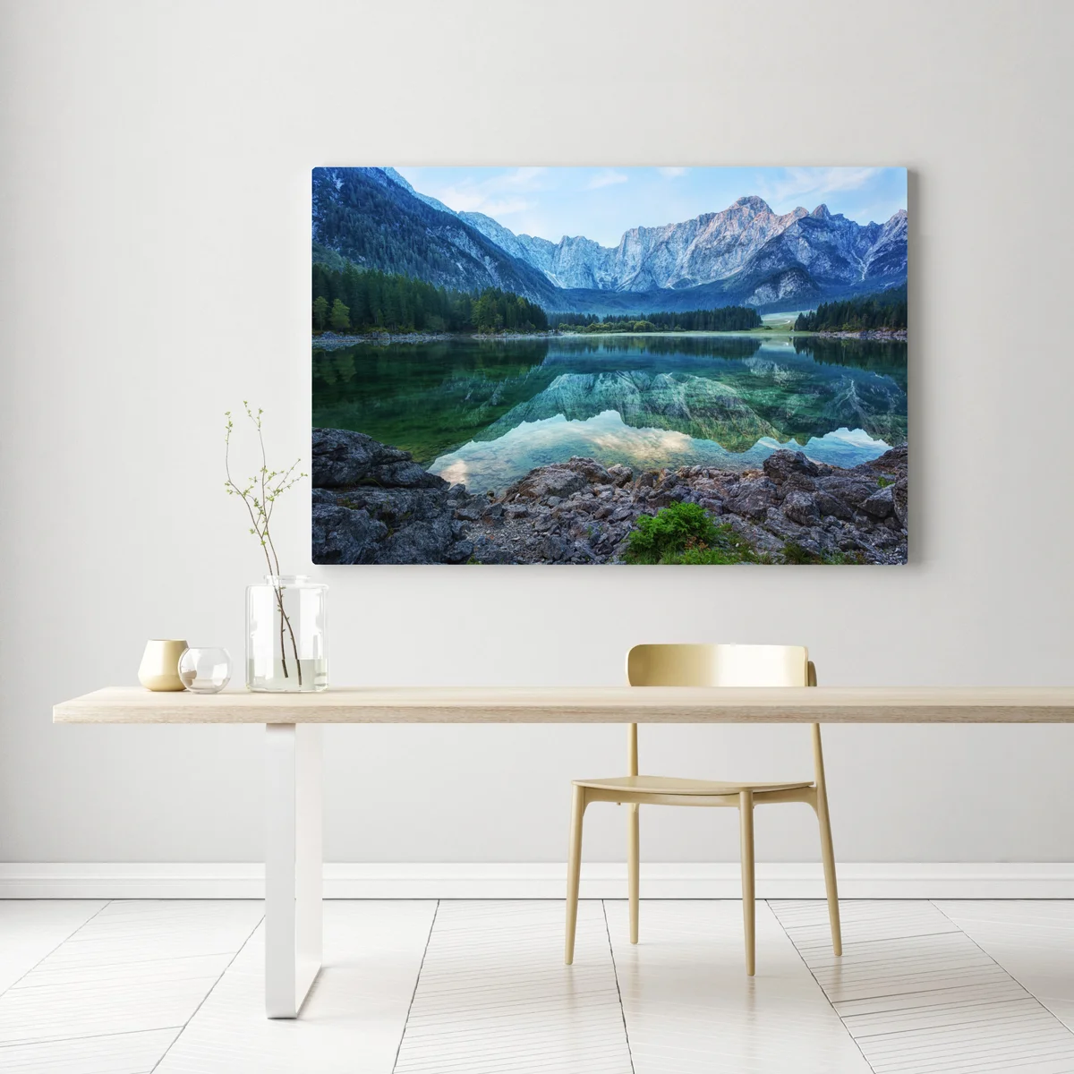 Leinwandbild früher morgen am See Fusine, Julische Alpen Leinwandbild früher morgen am See Fusine, Julische Alpen