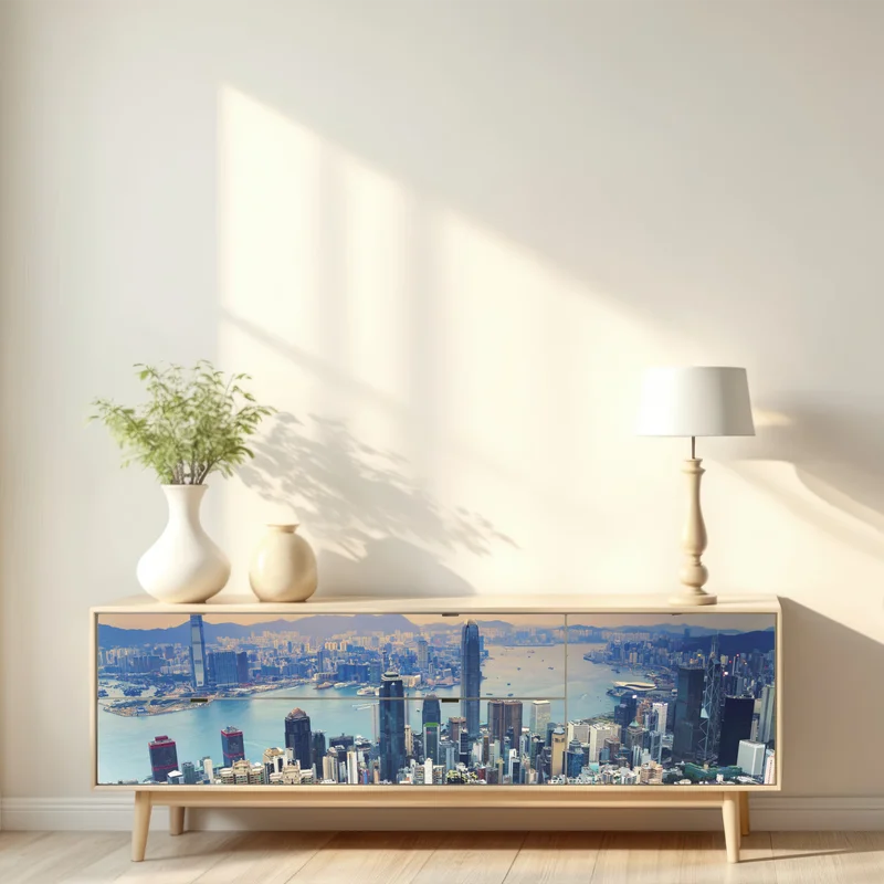 Repositionierbarer Aufkleber Hong Kong stadtpanorama bei dämmerung