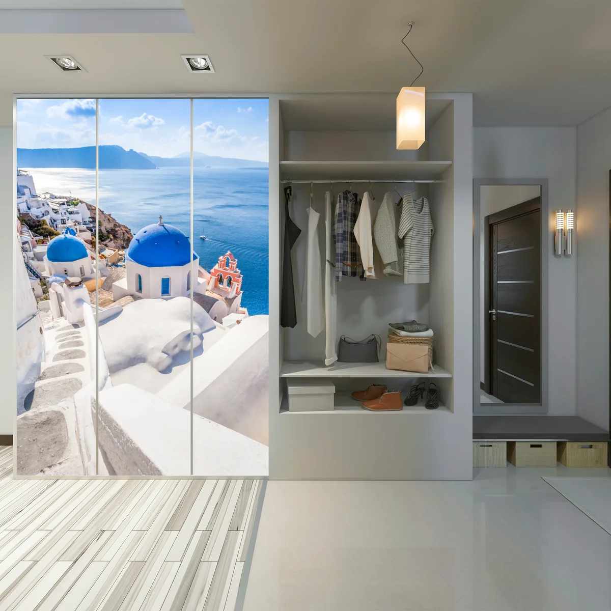 Schrankaufkleber sonniges Santorini blaue kuppeln und meerblick Schrankaufkleber sonniges Santorini blaue kuppeln und meerblick