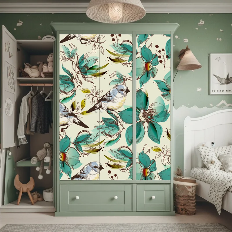 Schrankaufkleber retro türkis blumen- und vogelmuster