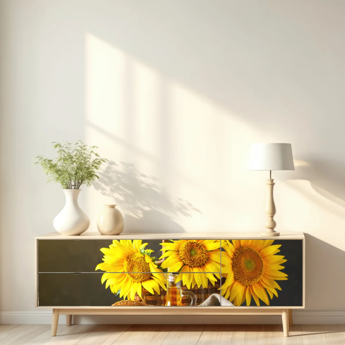 Repositionierbarer Aufkleber leuchtendes stillleben mit sonnenblumen, kernen und öl Repositionierbarer Aufkleber leuchtendes stillleben mit sonnenblumen, kernen und öl