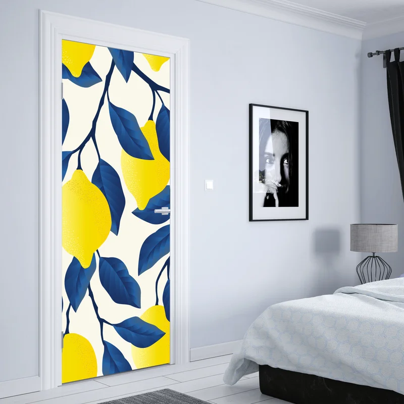 Türaufkleber lebhaftes zitronenmuster mit blauen blättern