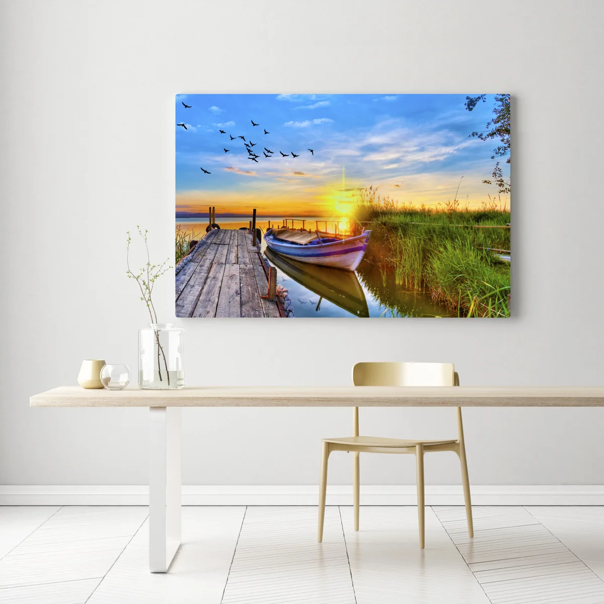 Leinwandbild sonnenuntergang am see mit boot am steg Leinwandbild sonnenuntergang am see mit boot am steg