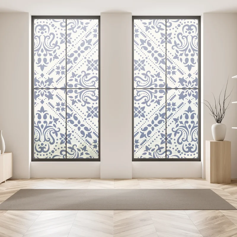 Fensteraufkleber marineblaues damast-fliesenmuster