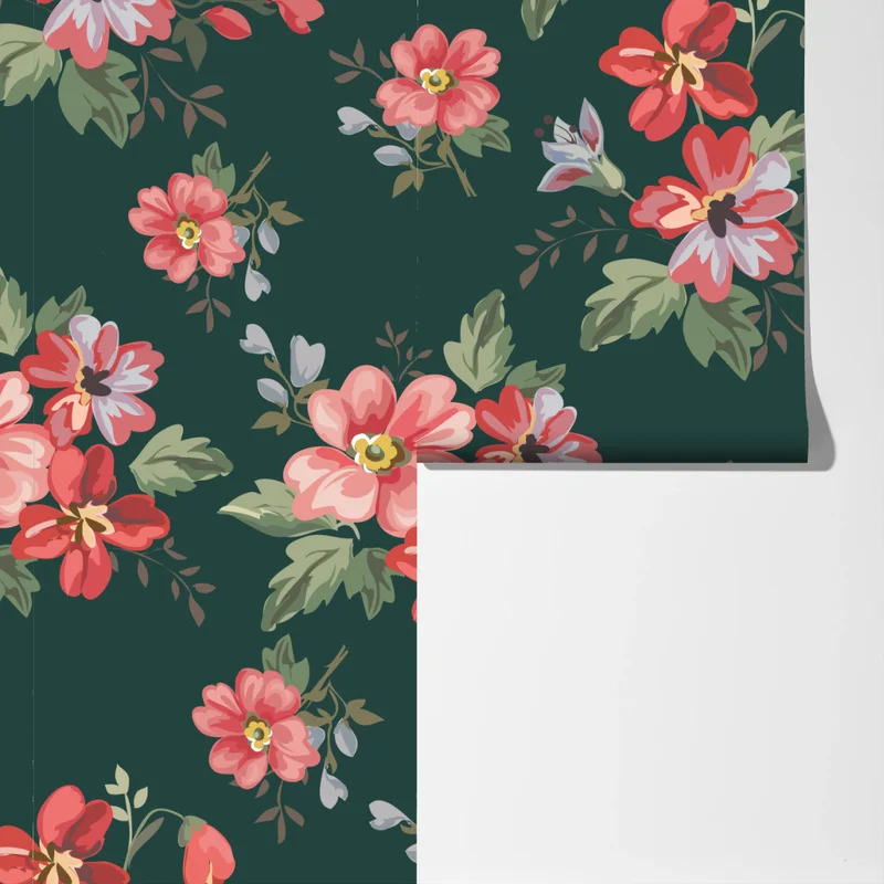 Fototapete vintage rosa blumenmuster auf tiefgrün Fototapete vintage rosa blumenmuster auf tiefgrün