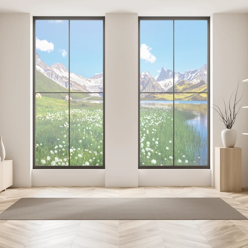 Fensteraufkleber alpensee mit blumenwiese und berggipfeln