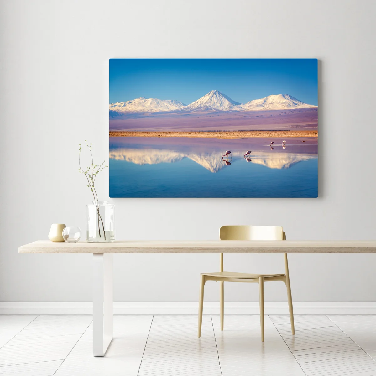 Leinwandbild Laguna Chaxa mit flamingos und Licancabur Leinwandbild Laguna Chaxa mit flamingos und Licancabur