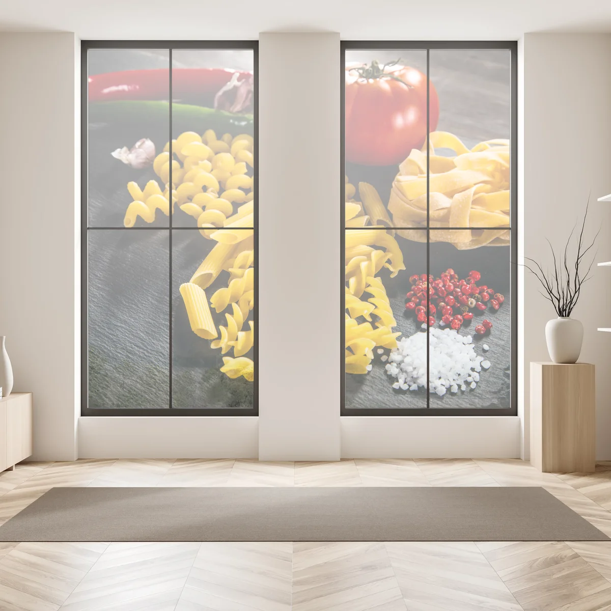 Fensteraufkleber verschiedene trockene nudeln und frische zutaten Fensteraufkleber verschiedene trockene nudeln und frische zutaten