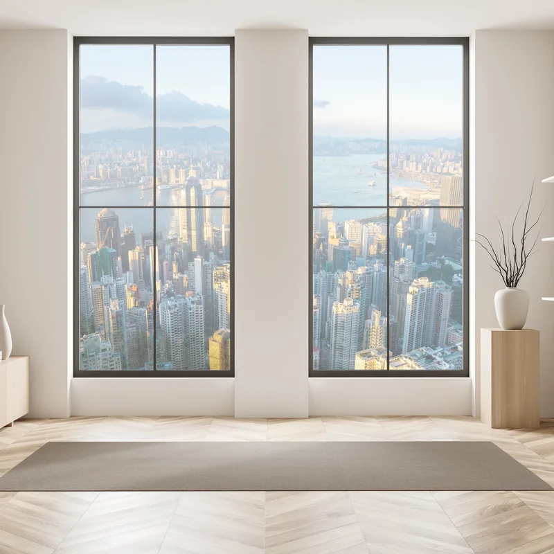 Naklejka na okno panorama Hongkongu o zachodzie słońca