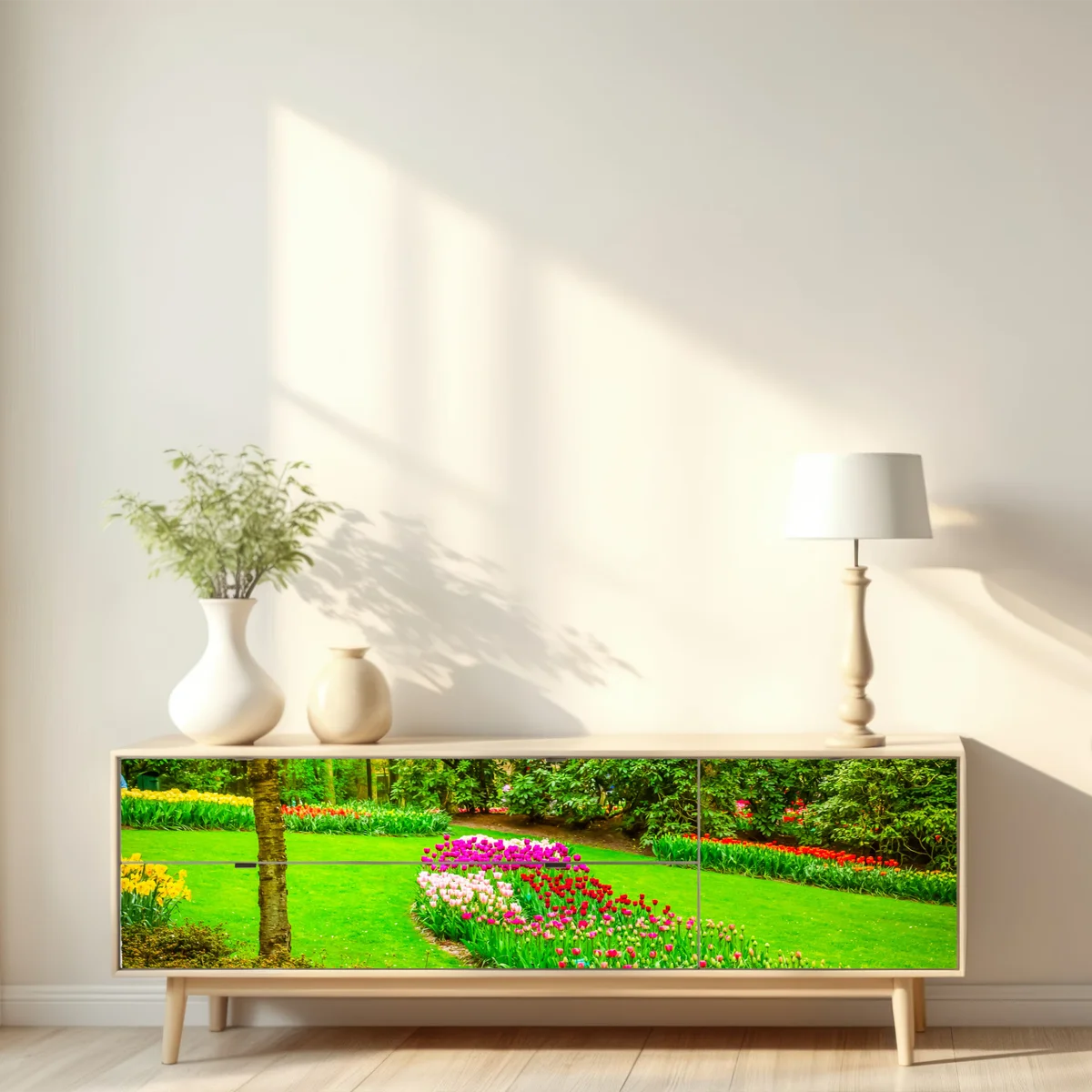 Repositionierbarer Aufkleber frühlingsgarten in blüte: tulpen und kirschblüten Repositionierbarer Aufkleber frühlingsgarten in blüte: tulpen und kirschblüten