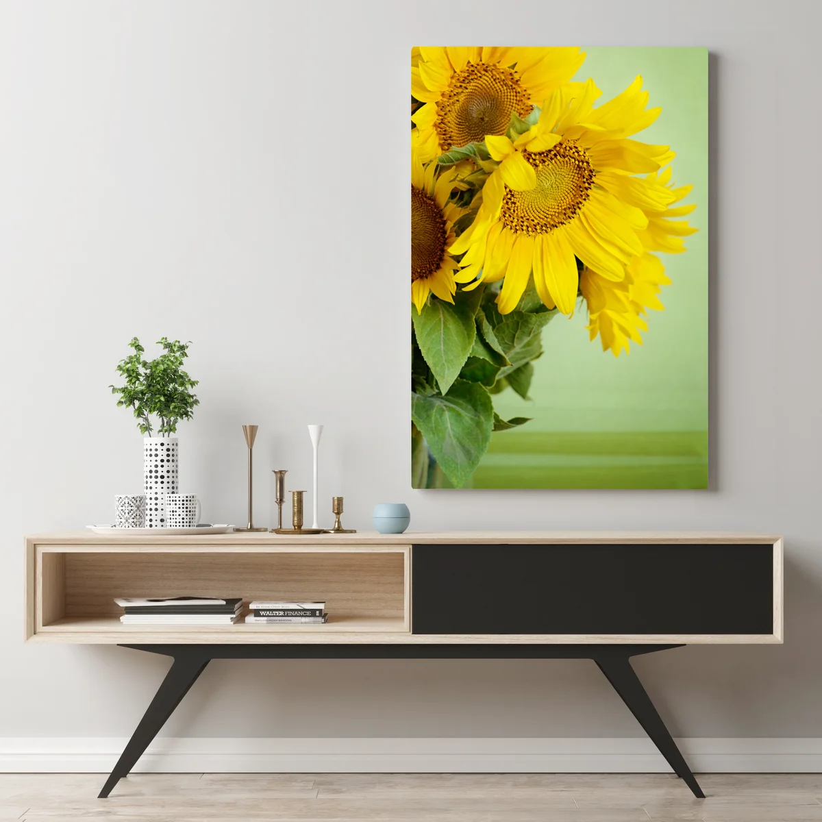 Leinwandbild heller sonnenblumenstrauß auf grünem hintergrund Leinwandbild heller sonnenblumenstrauß auf grünem hintergrund