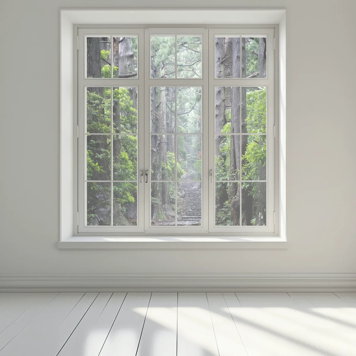 Fensteraufkleber mystischer waldweg zwischen alten bäumen Fensteraufkleber mystischer waldweg zwischen alten bäumen