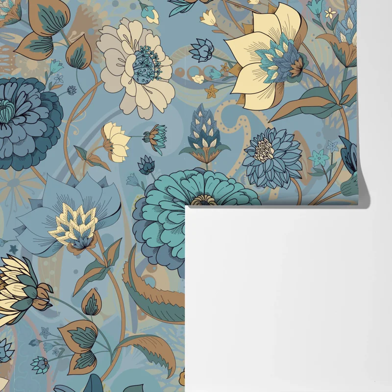 Fototapete vintage-blumenmuster in gedämpften blau- und beigetönen Fototapete vintage-blumenmuster in gedämpften blau- und beigetönen