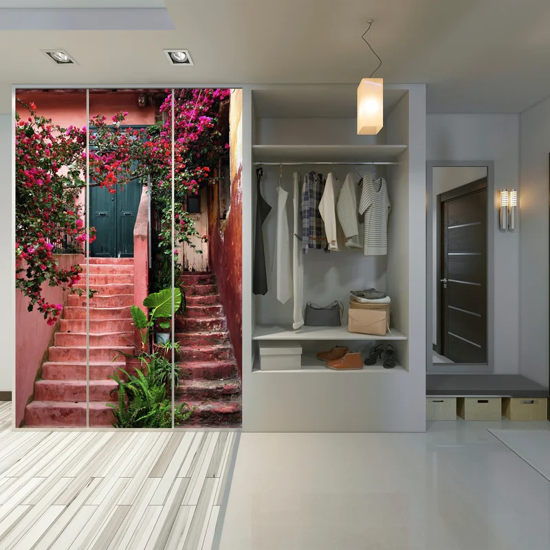 Schrankaufkleber treppe mit bougainvillea und grünen pflanzen Schrankaufkleber treppe mit bougainvillea und grünen pflanzen