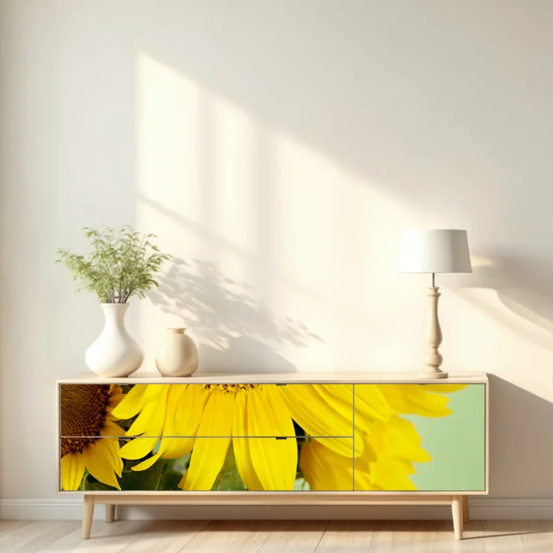 Repositionierbarer Aufkleber heller sonnenblumenstrauß auf grünem hintergrund