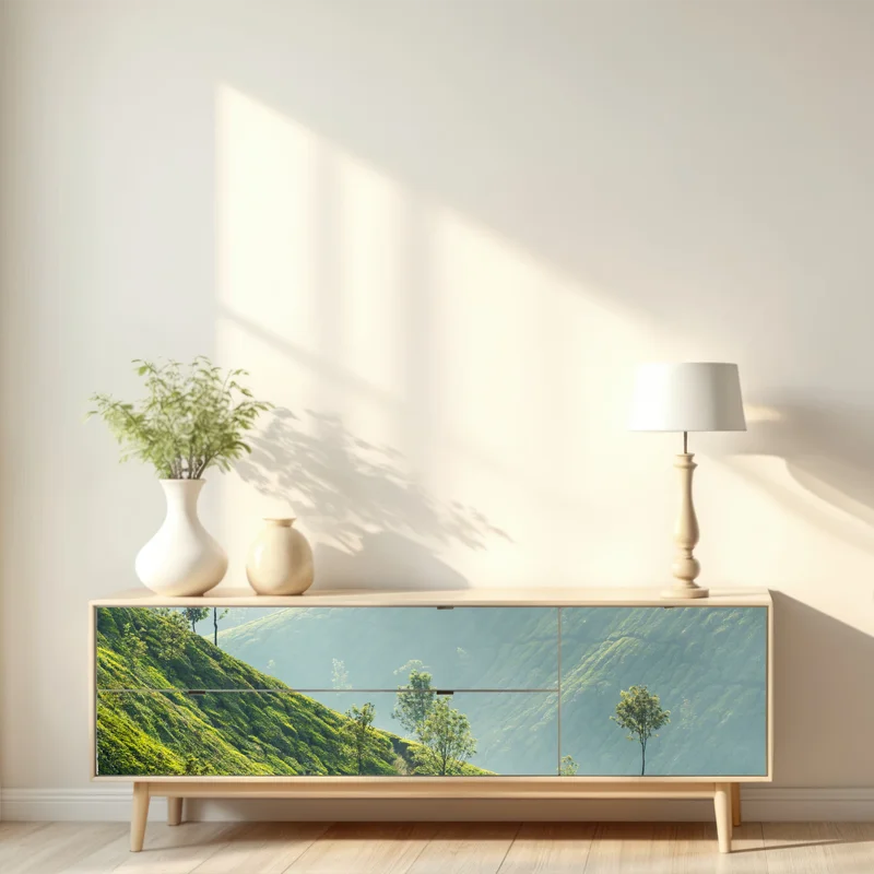 Repositionierbarer Aufkleber neblige teeplantagen auf den hügeln von Munnar