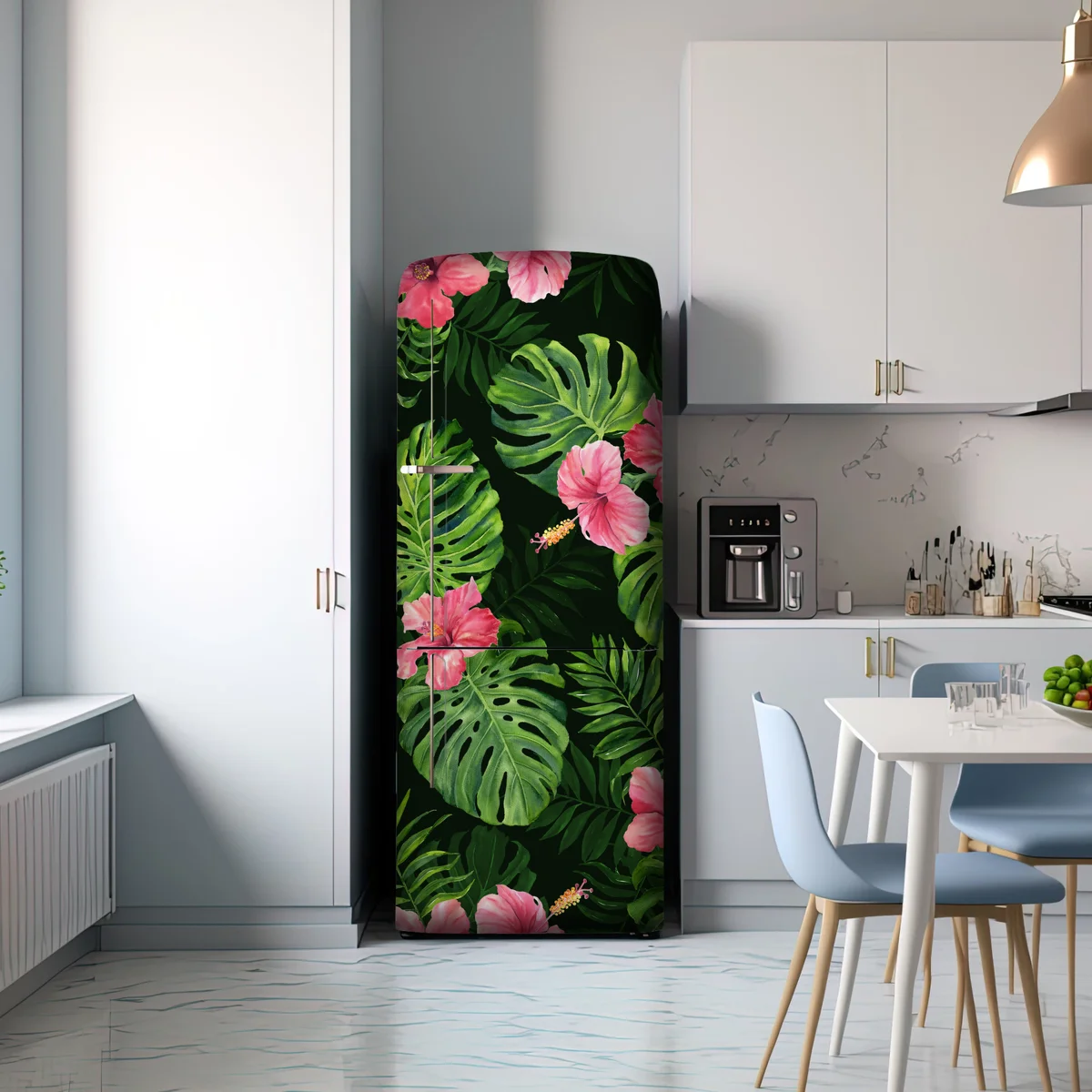 Kühlschrankaufkleber tropisches monstera- und hibiskus-motiv Kühlschrankaufkleber tropisches monstera- und hibiskus-motiv