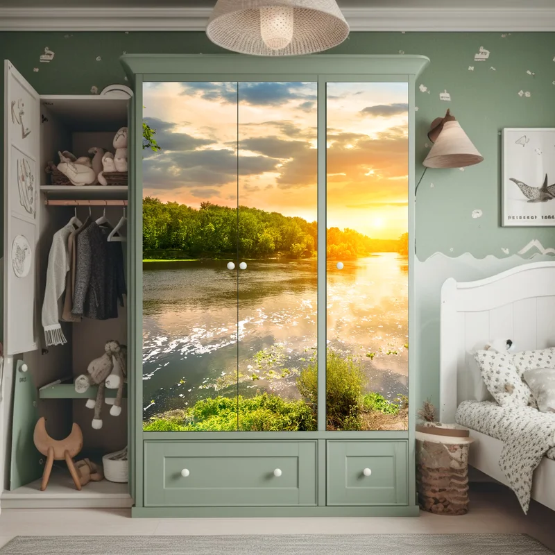 Schrankaufkleber ruhiger sonnenuntergang am fluss im grünen wald