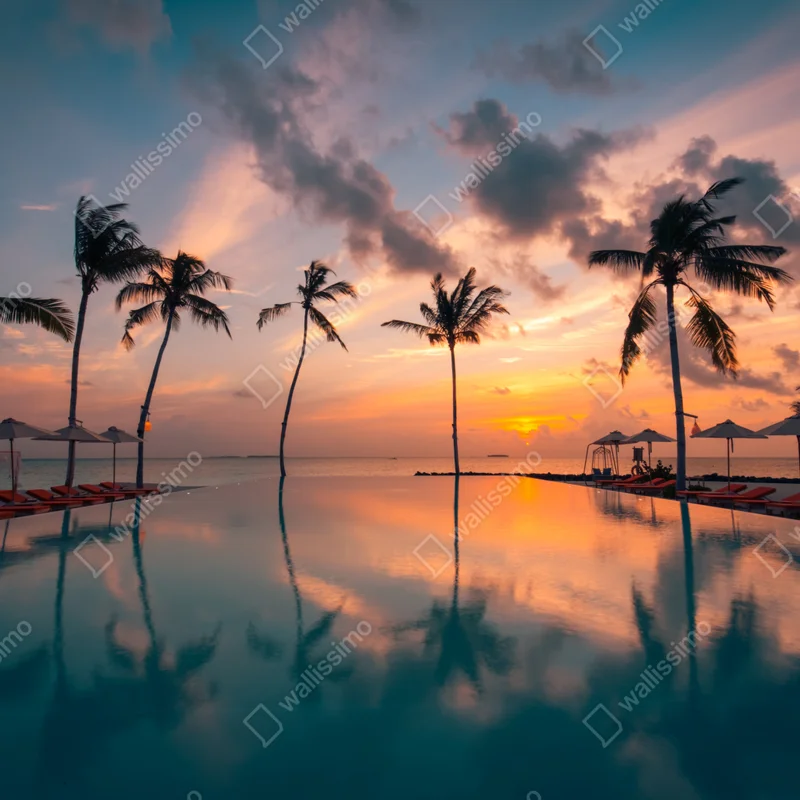 Poster tropischer sonnenuntergang über spiegelndem pool • Poster bei Wallnifity® Poster tropischer sonnenuntergang über spiegelndem pool • Poster bei Wallnifity®