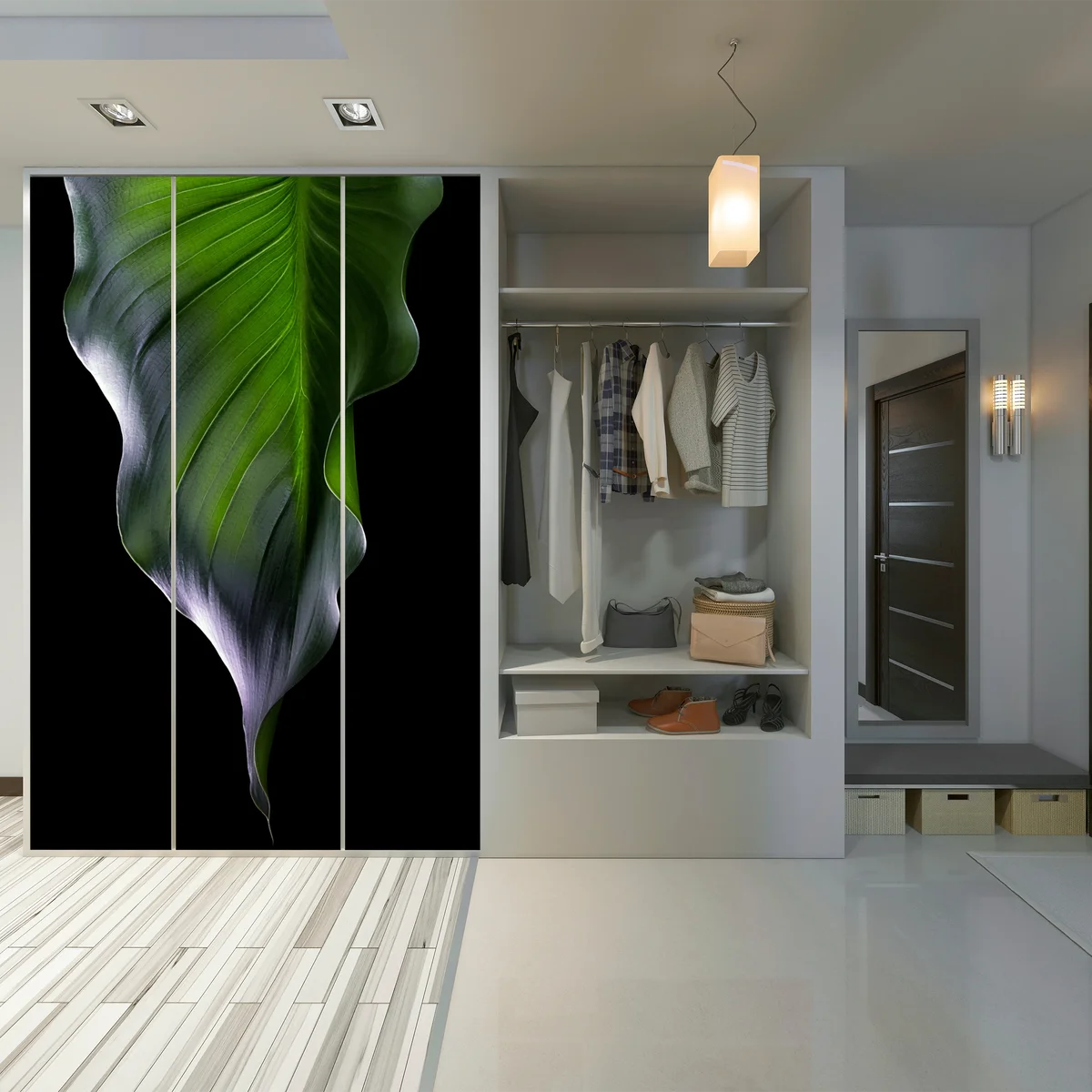 Schrankaufkleber elegantes grünes blatt auf schwarzem hintergrund Schrankaufkleber elegantes grünes blatt auf schwarzem hintergrund