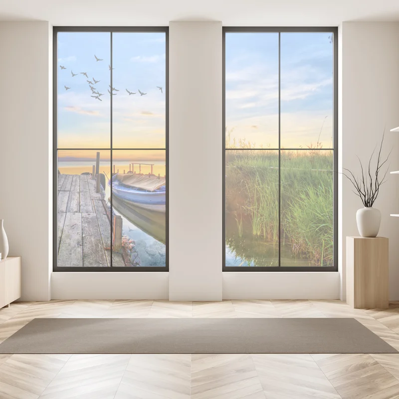 Naklejka na okno zachód słońca nad jeziorem z łodzią przy pomoście