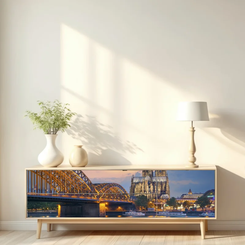 Repositionierbarer Aufkleber Kölner Dom und Hohenzollernbrücke bei dämmerung