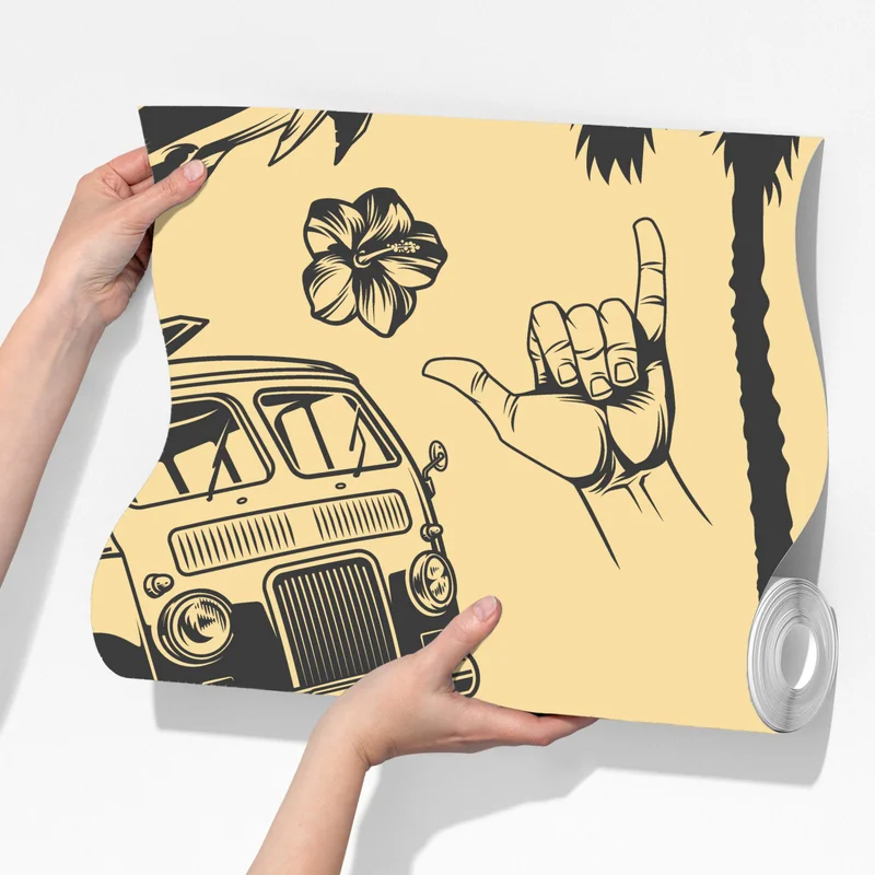 Fototapete retro surfing muster mit campingbus und wellen Fototapete retro surfing muster mit campingbus und wellen