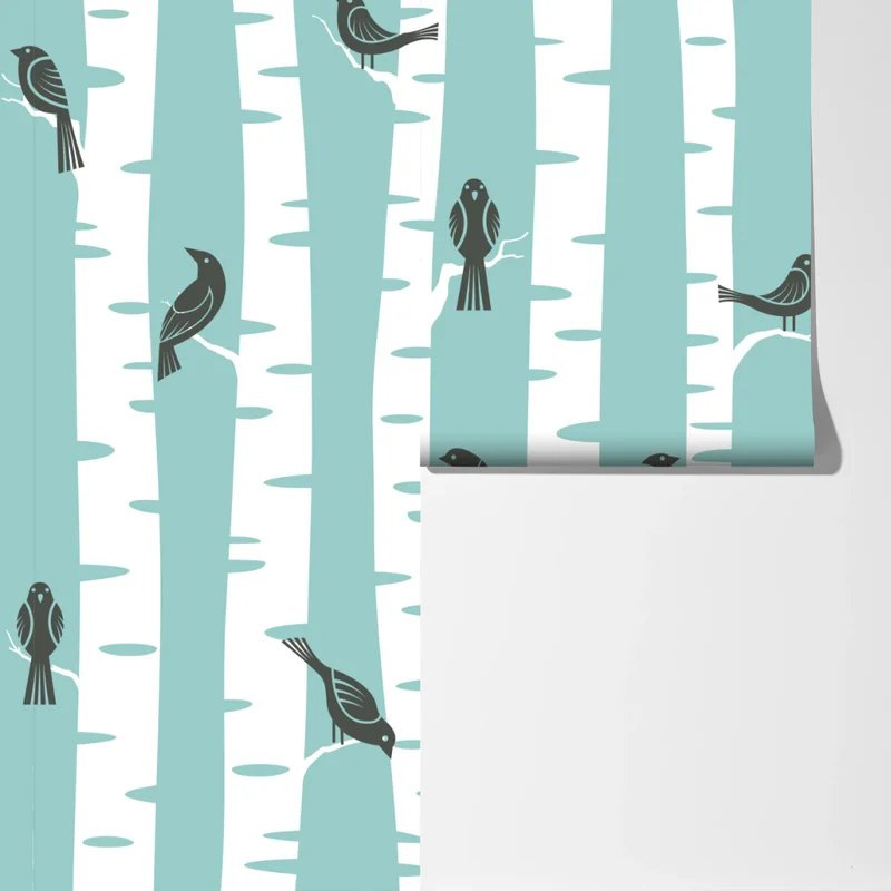 Fototapete türkis birkenwald mit vögeln Fototapete türkis birkenwald mit vögeln