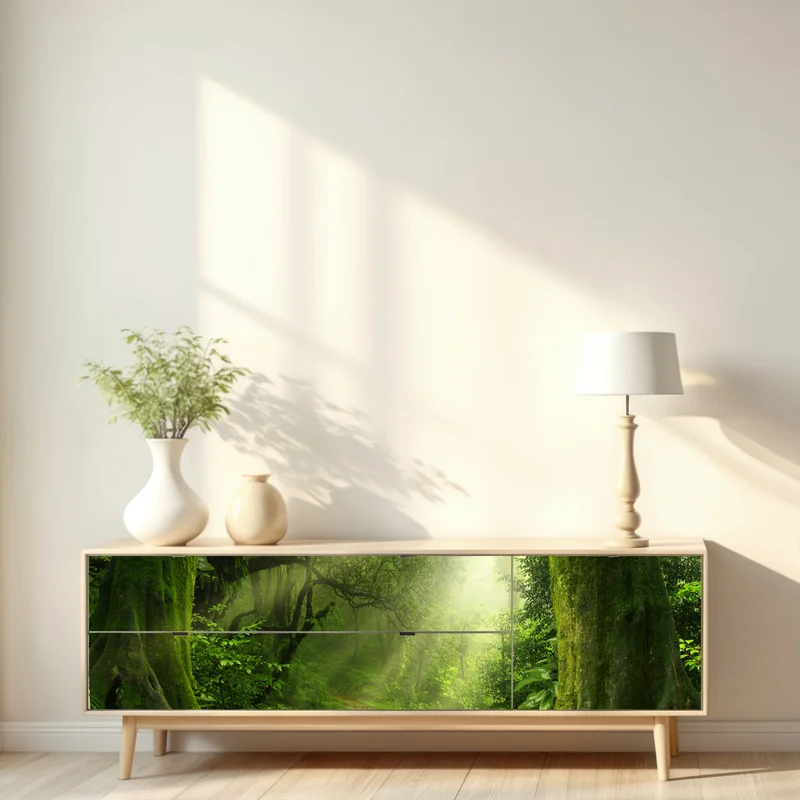 Repositionierbarer Aufkleber sonnenbeschienener moosiger waldpfad