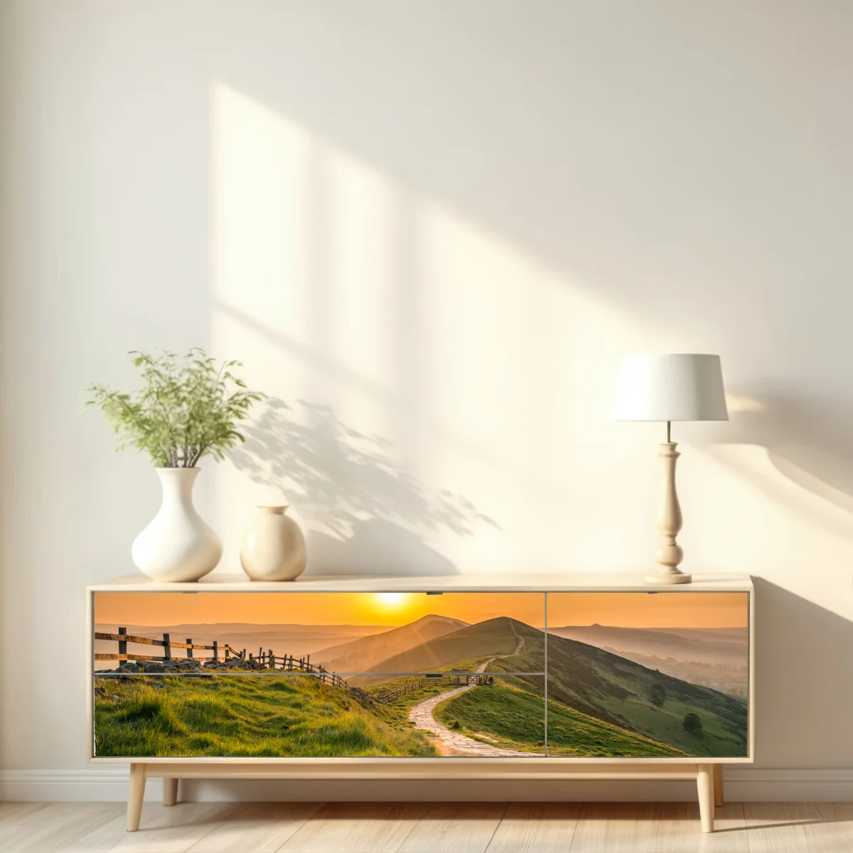 Repositionierbarer Aufkleber sonnenaufgang über grünen hügeln Repositionierbarer Aufkleber sonnenaufgang über grünen hügeln