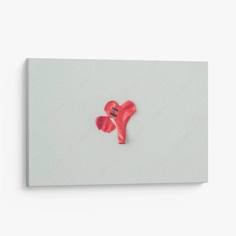 Leinwandbild Draufsicht auf gebrochenen herzförmigen Ballon mit Isolierband isoliert auf weißem, Valentinstag-Konzept • Leinwandbilder bei Wallnifity® Leinwandbild Draufsicht auf gebrochenen herzförmigen Ballon mit Isolierband isoliert auf weißem, Valentinstag-Konzept • Leinwandbilder bei Wallnifity®