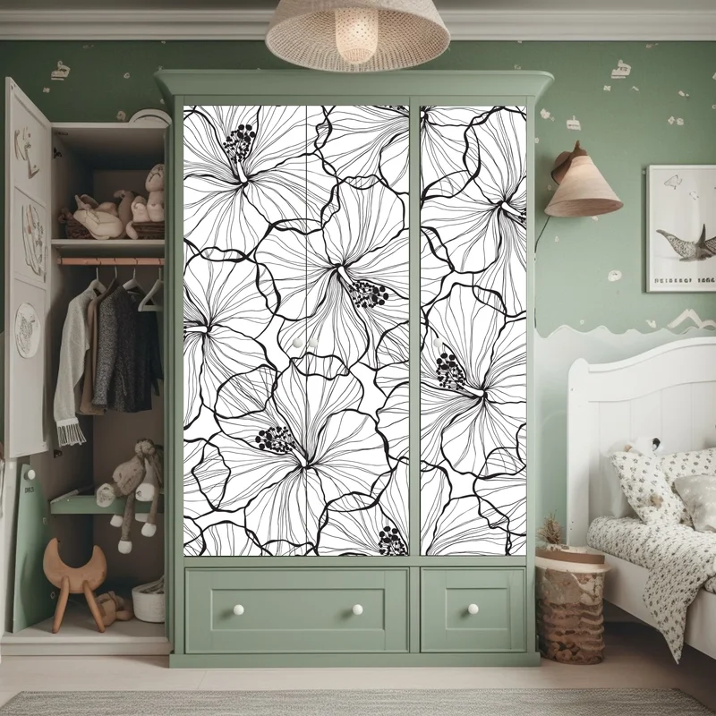 Schrankaufkleber schwarzweißes hibiskus line art muster