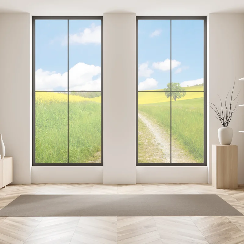 Fensteraufkleber sonniger landeweg durch gelbe felder Fensteraufkleber sonniger landeweg durch gelbe felder