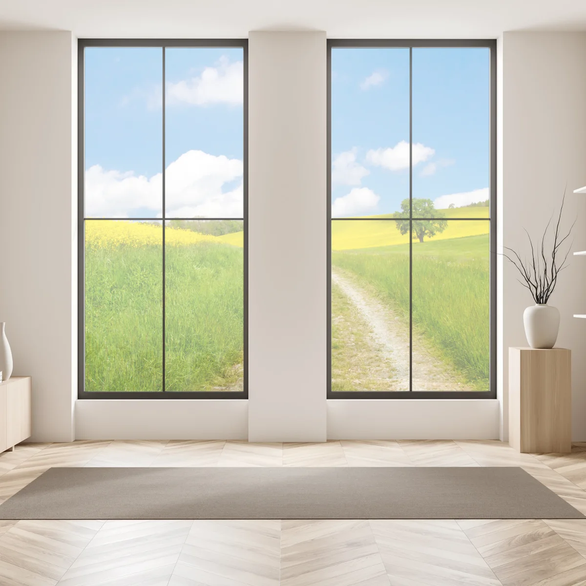 Fensteraufkleber sonniger landeweg durch gelbe felder Fensteraufkleber sonniger landeweg durch gelbe felder