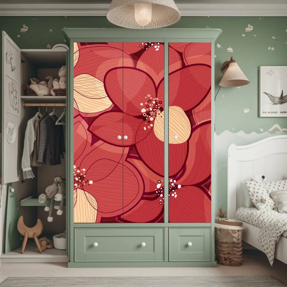 Schrankaufkleber rotes blumenmuster mit beigen mittelpunkten Schrankaufkleber rotes blumenmuster mit beigen mittelpunkten