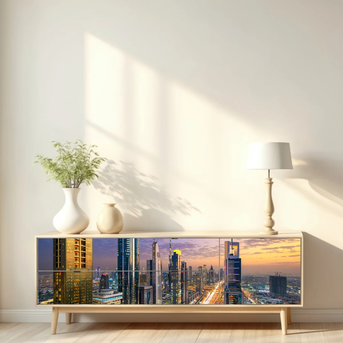 Repositionierbarer Aufkleber stadtszene Dubais bei dämmerung Repositionierbarer Aufkleber stadtszene Dubais bei dämmerung