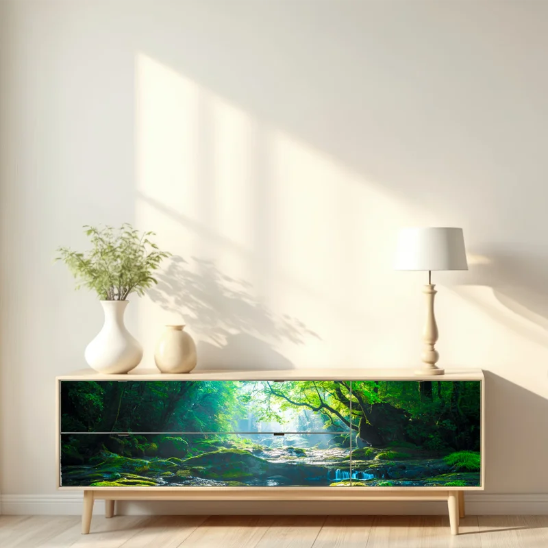 Repositionierbarer Aufkleber sonnendurchfluteter waldbach mit moosbedeckten steinen