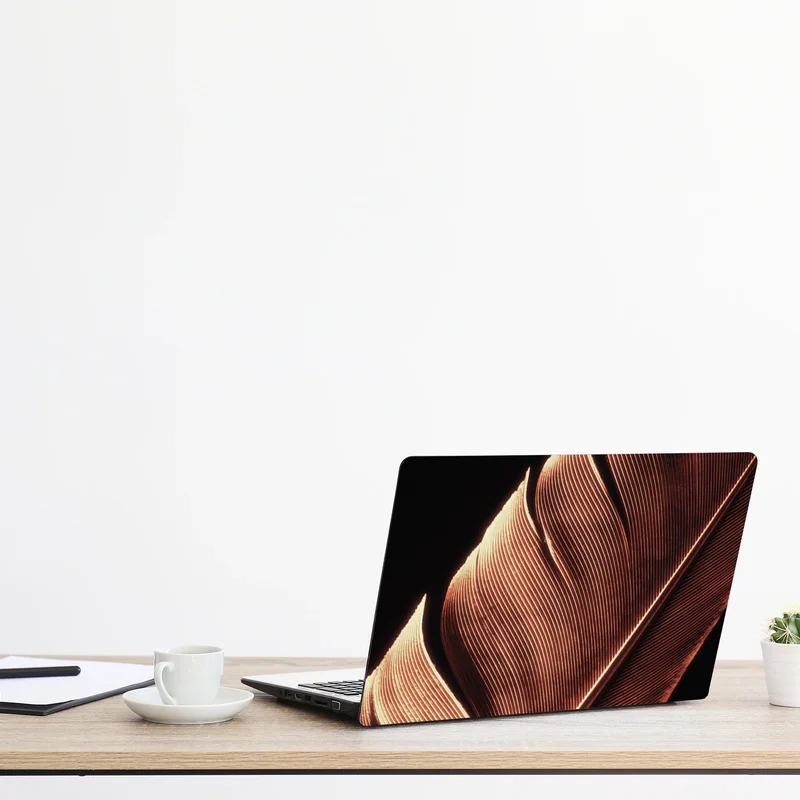 Laptop-Aufkleber goldene feder makro vor schwarzem hintergrund